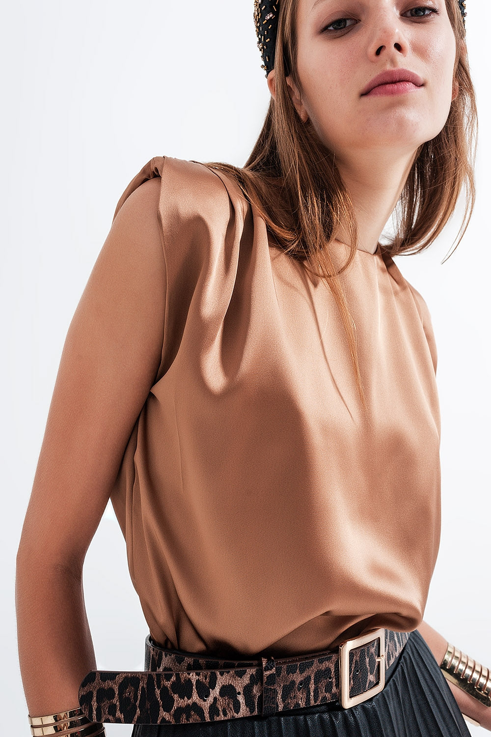 Gathered satin shoulder pad sleeveless top in gold