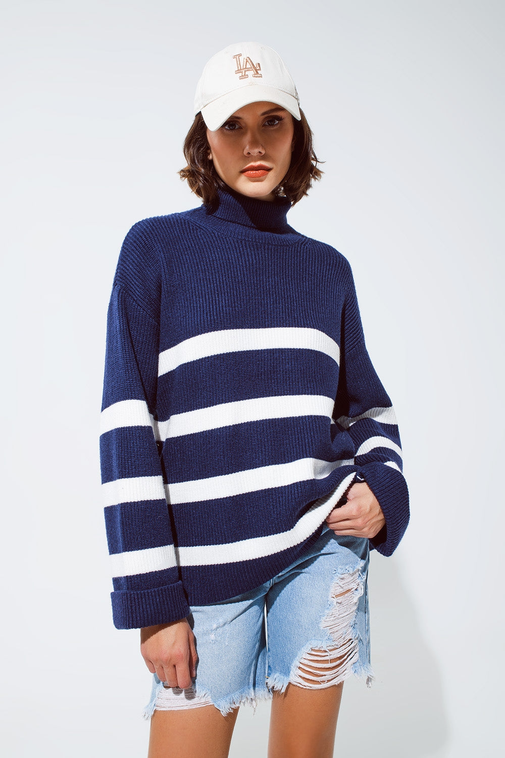 Navy blue turtle neck sweater in navy with stripes – Pulcini.world