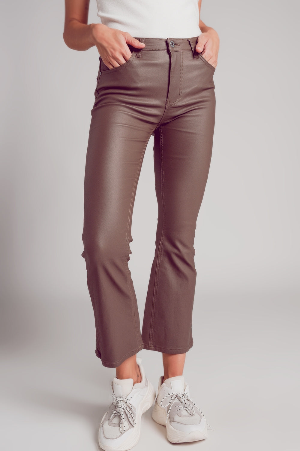 Q2 Stretch faux leather flare pants in beige