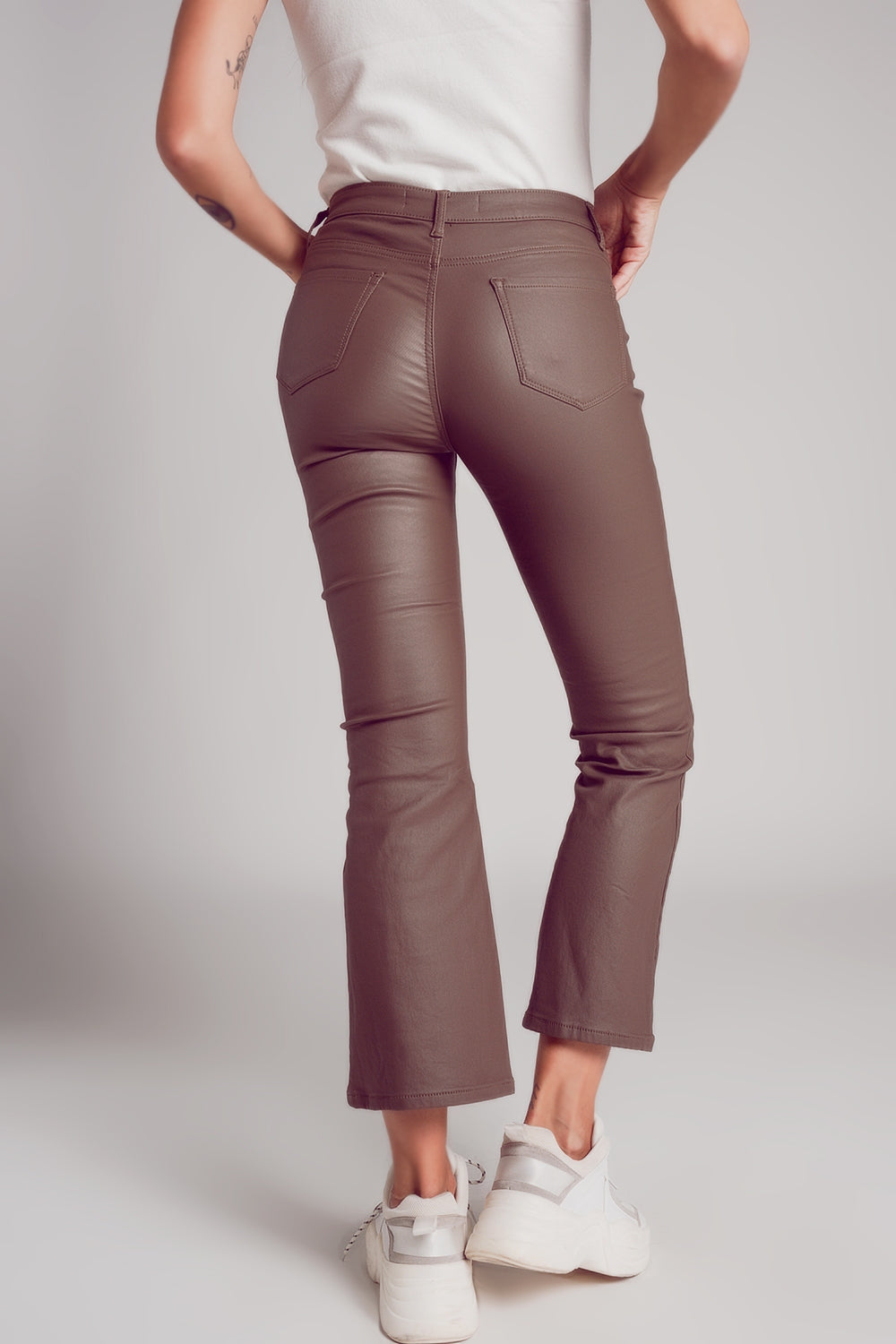 Stretch faux leather flare pants in beige