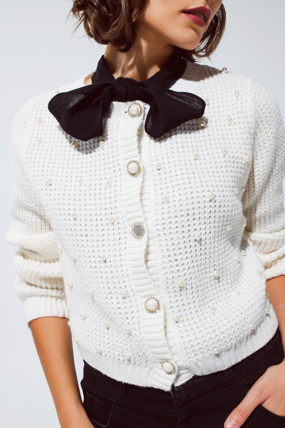 White Waffle Knit Cardigan With Embellished Pearls And Jewelled Buttons In White